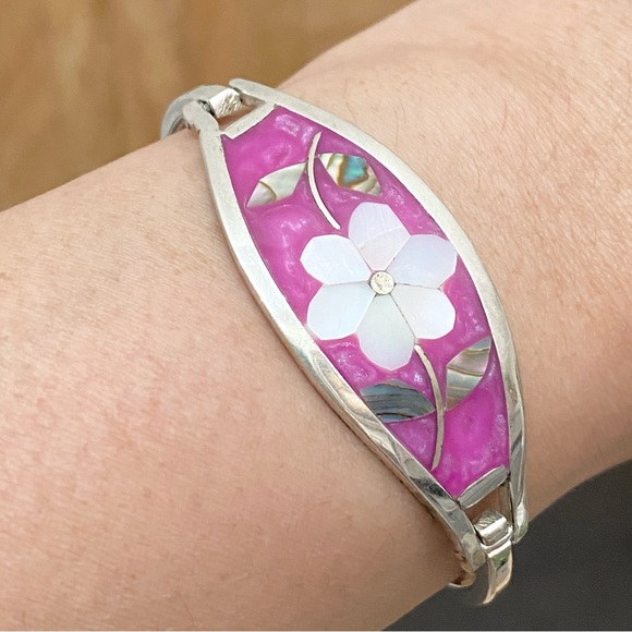 Vintage Alpaca Mexico Mexican Silver Mother of Pearl Inlaid ID Cuff Bracelet - Picture 3 of 13